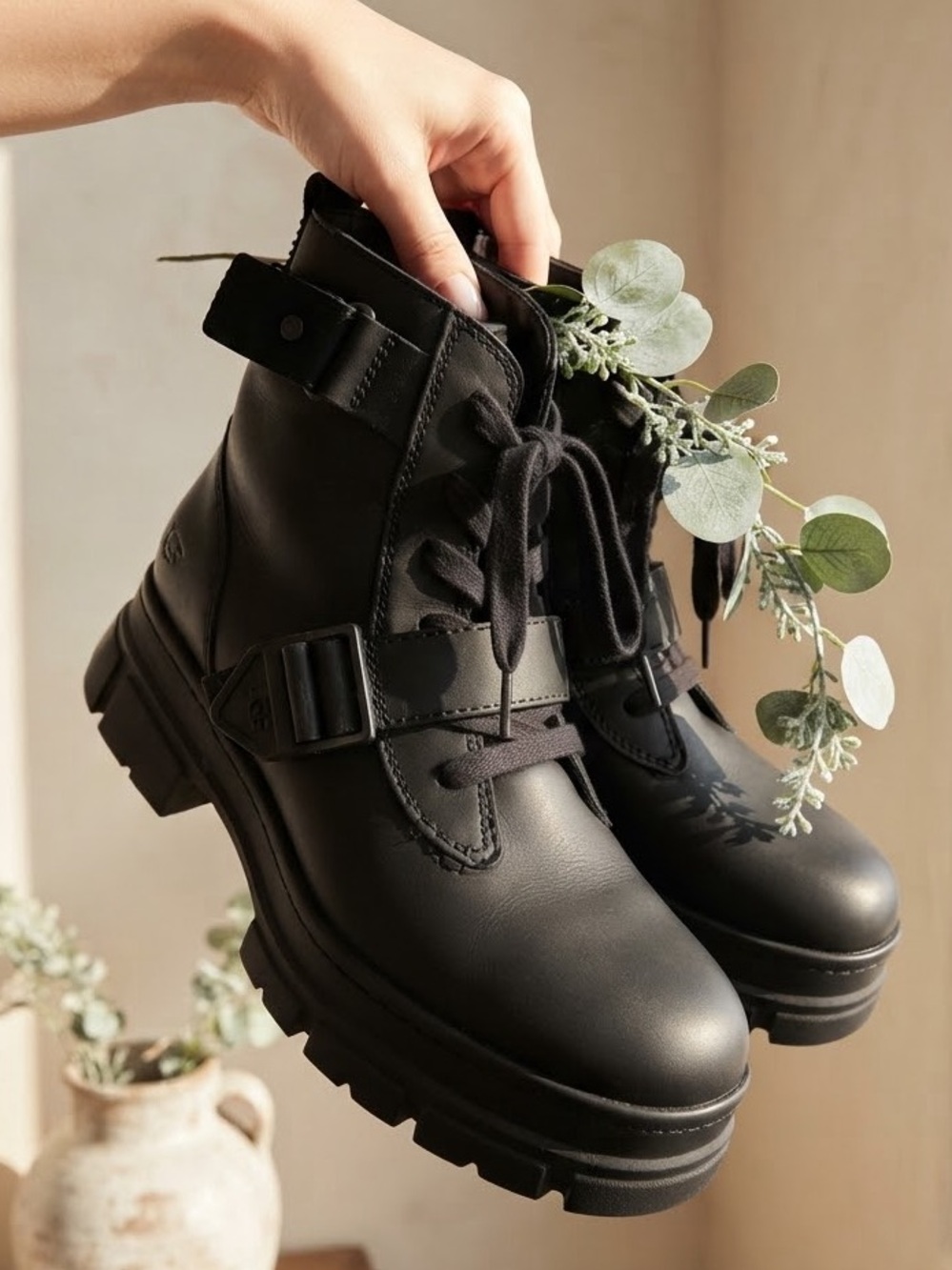 UGG Black Lace-Up Lug Sole Combat All Weather Ankle Boots